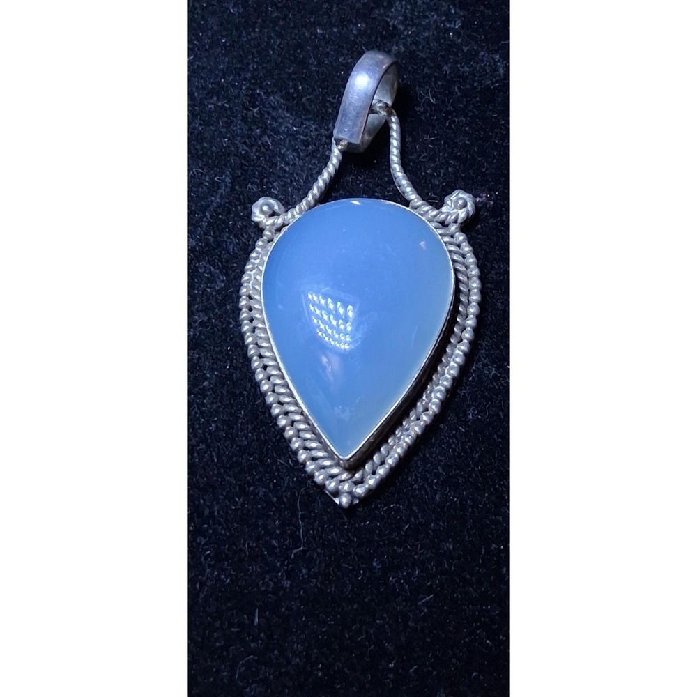 Blue Chalcedony Cabochon Pendant Vintage, 925 Sterling Silver